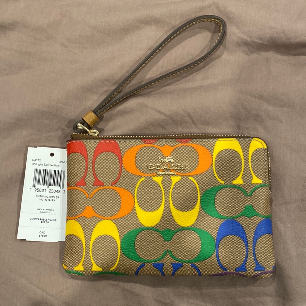NWT Coach C4572 Corner Zip Wristlet in Rainbow Signature Canvas Pride
